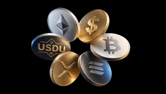 漂浮的金色與銀色加密貨幣硬幣:Ethereum、美元、Bitcoin、Solana、XRP 及 USDU