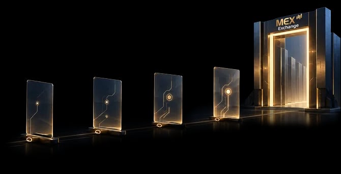 Illustration von leuchtenden Glaspaneelen, verbunden durch einen goldenen Lichtpfad, der zu einem MultiBank-Exchange-Durchgang führt