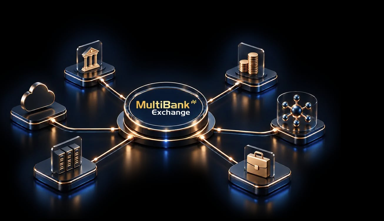 MultiBank Exchange Anbindungs-Hub, der Banken, Liquidität, Verwahrung, Distribution und Brokerage verbindet