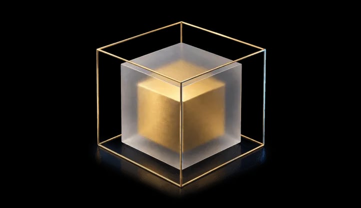 Illustration of a golden cube held in a glass frame for sovereign wealth and family offices